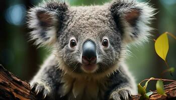 AI generated Cute koala sitting on branch, looking at camera in forest generated by AI photo