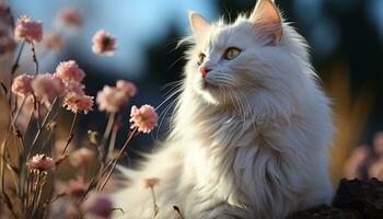 ai generado linda gatito sentado en césped, curioso a puesta de sol con curiosidad generado por ai foto