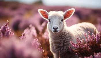 AI generated Cute lamb grazing in snowy meadow, looking at camera generated by AI photo