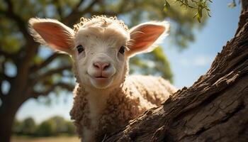 AI generated Cute lamb grazing in snowy meadow, looking at camera generated by AI photo