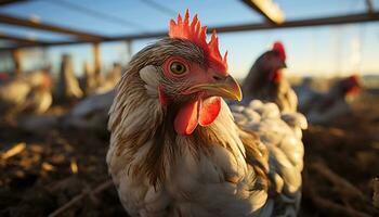 AI generated A cute young chicken standing in a vibrant farmyard generated by AI photo