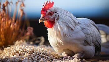 AI generated A cute young chicken standing in a vibrant farmyard generated by AI photo