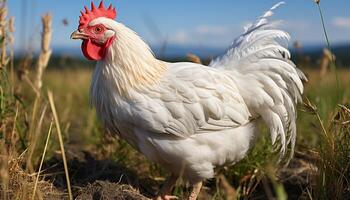 AI generated A cute young chicken standing in a vibrant farmyard generated by AI photo