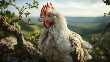 AI generated A cute young chicken standing in a vibrant farmyard generated by AI photo