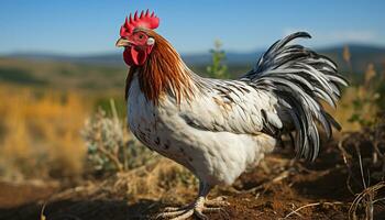 AI generated A cute young chicken standing in a vibrant farmyard generated by AI photo