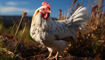 AI generated A cute rooster in a chicken coop, surrounded by nature generated by AI photo