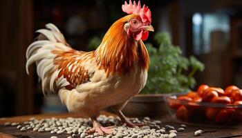 AI generated A cute rooster in a chicken coop, surrounded by nature generated by AI photo