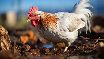 AI generated A cute rooster in a chicken coop, surrounded by nature generated by AI photo