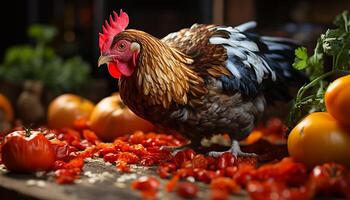 AI generated A cute rooster in a chicken coop, surrounded by nature generated by AI photo