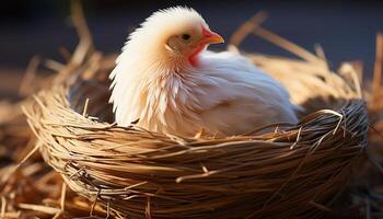 ai generado un linda gallo en un pollo cooperativa, rodeado por naturaleza generado por ai foto