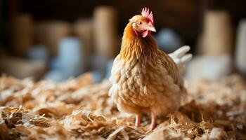 ai generado un linda gallo en un pollo cooperativa, rodeado por naturaleza generado por ai foto