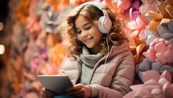 AI generated Young women walking in the city, smiling and wearing warm jackets generated by AI photo