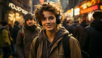 ai generado joven mujer caminando en el ciudad, sonriente y vistiendo calentar chaquetas generado por ai foto