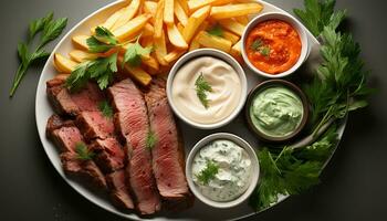 ai generado A la parrilla carne de vaca bife, Fresco ensalada, y vino en al aire libre mesa generado por ai foto