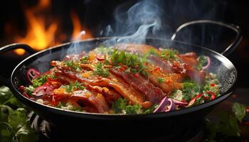 ai generado frescura en plato sano gastrónomo comida con A la parrilla vegetales generado por ai foto