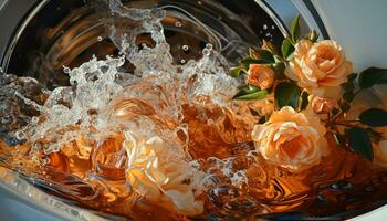 ai generado moderno cocina con elegante decoración, lujoso mesa, y hermosa flores generado por ai foto