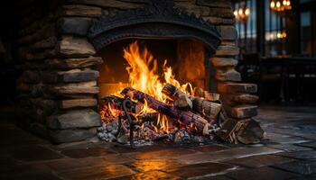 AI generated Cozy wood burning stove warms up living room in winter generated by AI photo