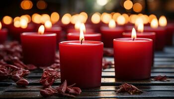 AI generated Glowing candle illuminates tranquil table, symbolizing harmony and relaxation generated by AI photo