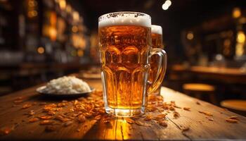 AI generated Beer glass on bar counter pouring frothy drink at night generated by AI photo