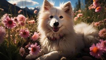 ai generado linda perrito sentado al aire libre, mirando a cámara con enfocado mirada generado por ai foto