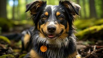 ai generado linda perrito sentado al aire libre, mirando a cámara con enfocado mirada generado por ai foto