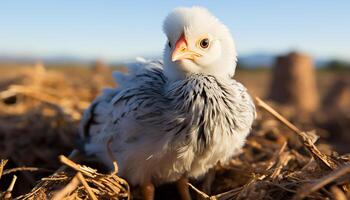 AI generated Cute baby chicken hatching in nature organic farm generated by AI photo