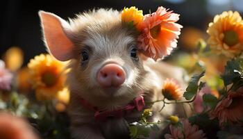 ai generado linda cerdito pasto en verde prado, mirando a margarita generado por ai foto