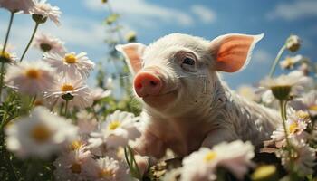 AI generated Cute piglet grazing on green meadow, looking at daisy generated by AI photo