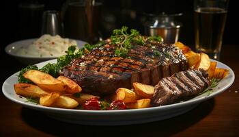 ai generado A la parrilla bife, cerdo, y vegetales en un gastrónomo plato generado por ai foto