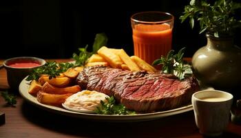 ai generado A la parrilla bife, cerdo, y vegetales en un gastrónomo plato generado por ai foto