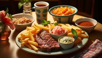 ai generado A la parrilla bife, cerdo, y papas fritas en un gastrónomo plato generado por ai foto