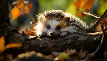 AI generated Cute hedgehog sitting on grass, alert in autumn forest generated by AI photo