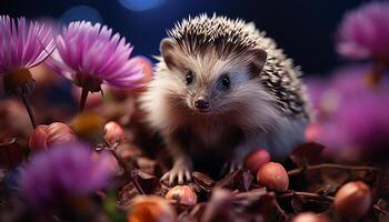 AI generated Cute hedgehog sitting on grass, alert in autumn forest generated by AI photo