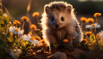 AI generated Cute hedgehog sitting on grass, alert in autumn forest generated by AI photo