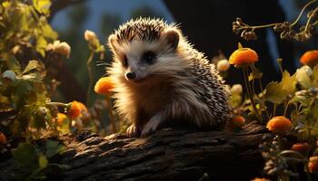 AI generated Cute hedgehog sitting on grass, alert in autumn forest generated by AI photo