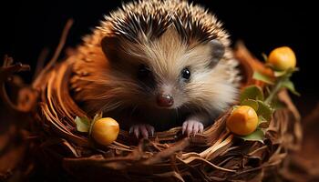 AI generated Cute hedgehog sitting on grass, alert in autumn forest generated by AI photo