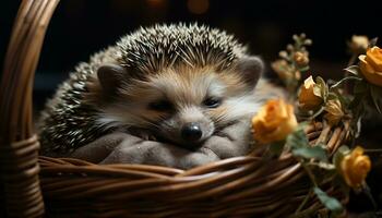 AI generated Cute hedgehog sitting on grass, alert in autumn forest generated by AI photo