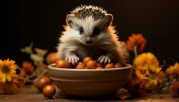 AI generated Cute hedgehog sitting on grass, alert in autumn forest generated by AI photo