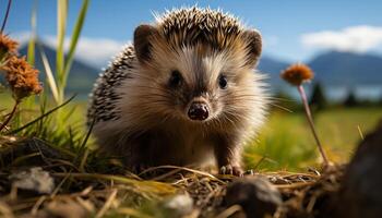 AI generated Cute hedgehog sitting on grass, alert in autumn forest generated by AI photo