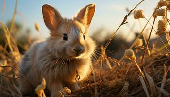 AI generated Cute hedgehog sitting on grass, alert in autumn forest generated by AI photo