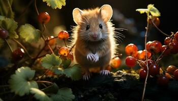 AI generated Cute small mammal eating fruit on green grass outdoors generated by AI photo