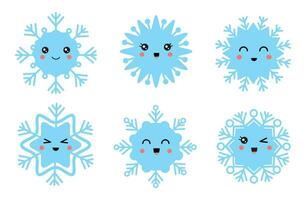 Vector collection of cute cartoon kawaii blue snowflakes.