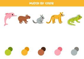 Match South American  and colors. Educational worksheet for kids. Cute cartoon dolphin, capybara, chinchilla, iguana and puma. vector