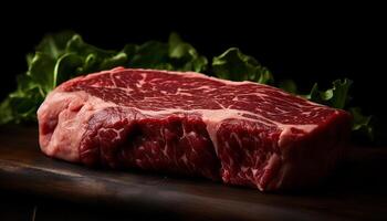 AI generated Grilled steak, juicy and tender, on rustic wooden plate generated by AI photo