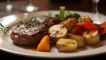 AI generated Grilled steak, juicy and tender, on rustic wooden plate generated by AI photo