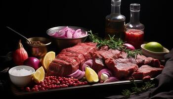 AI generated Grilled steak, juicy and tender, on rustic wooden plate generated by AI photo