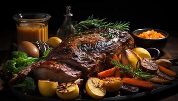 AI generated Grilled steak, juicy and tender, on rustic wooden plate generated by AI photo