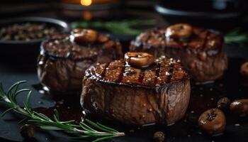 AI generated Grilled steak, juicy and tender, on rustic wooden plate generated by AI photo