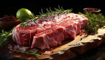 AI generated Grilled steak, juicy and tender, on rustic wooden plate generated by AI photo