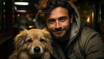 AI generated Cute men embracing small furry pets, outdoors, smiling with happiness generated by AI photo